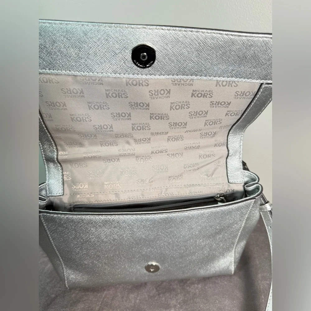 Michael Kors satchel crossbody Saffiano leather metallic silver crystal floral - Picture 11 of 16
